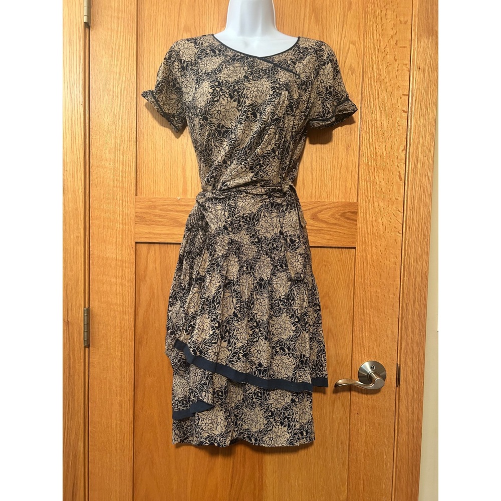 Vintage Silk Navy Blue Tan Floral Wrap Midi Dress Smocked Drop Waist Ruffle M L